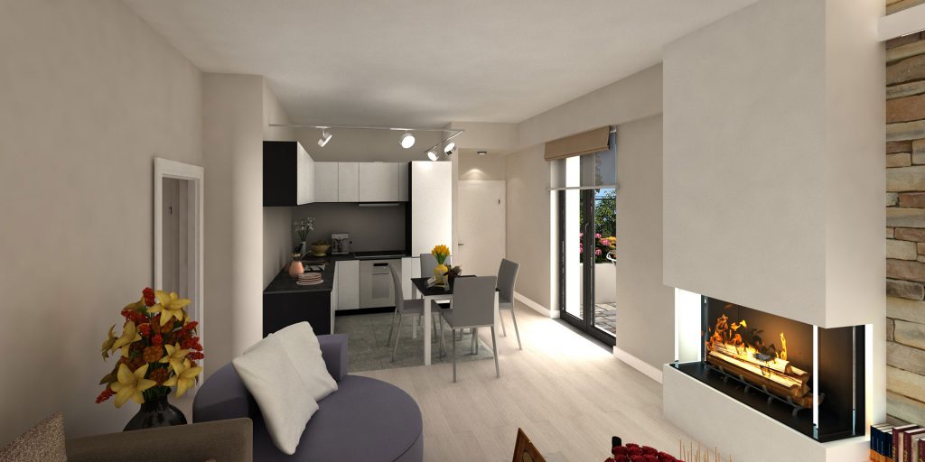 salotto con camino, mattoni a vista e terrazzo