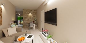 salotto di design con mattoni a vista